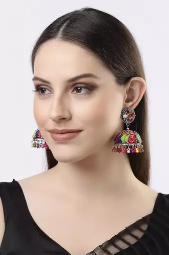 Women multi color artificial beads brass-plated dome shaped jhumka earrings
