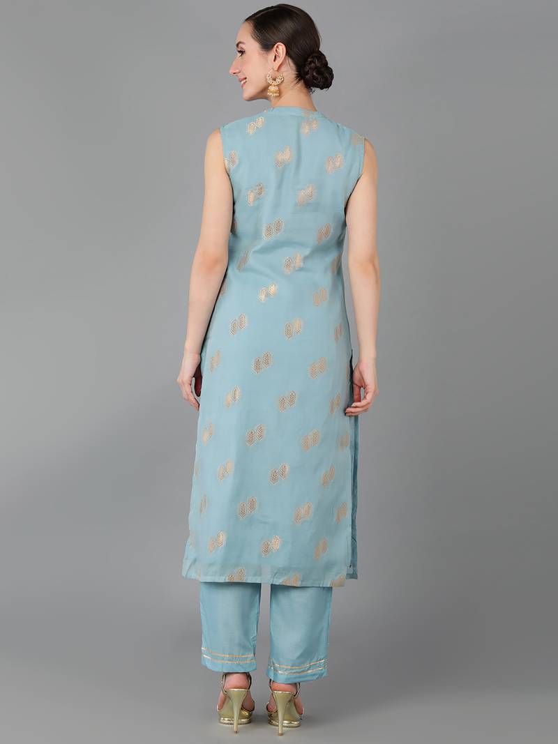 blue ethnic motifs poly chanderi fancy kurta with trouser set