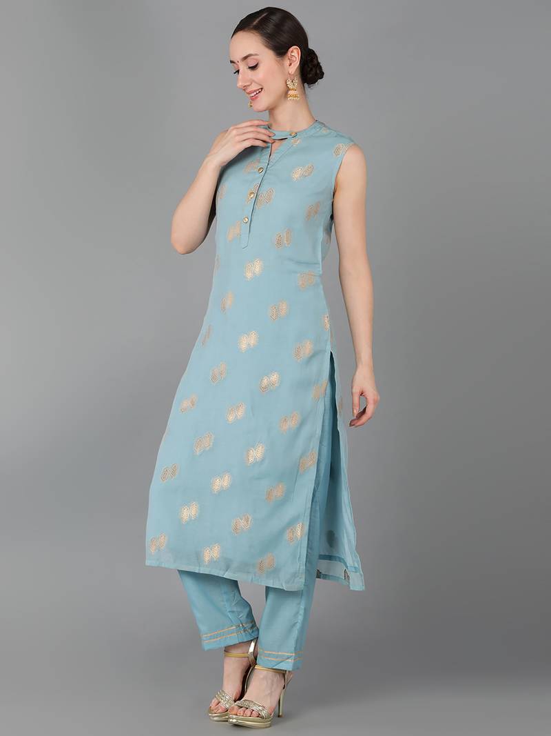 blue ethnic motifs poly chanderi fancy kurta with trouser set