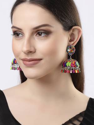 Women multi color artificial beads brass-plated dome shaped jhumka earrings 3