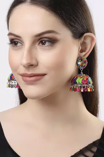 Women multi color artificial beads brass-plated dome shaped jhumka earrings