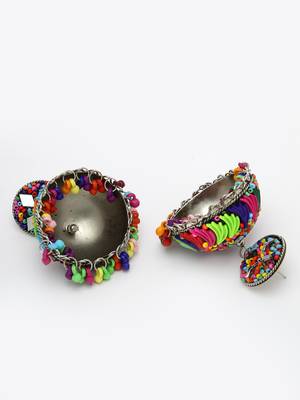Women multi color artificial beads brass-plated dome shaped jhumka earrings 4