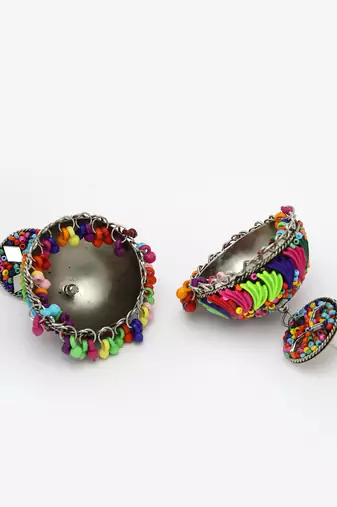 Women multi color artificial beads brass-plated dome shaped jhumka earrings