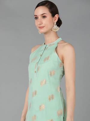 green ethnic motifs poly chanderi fancy kurta with trouser set 2