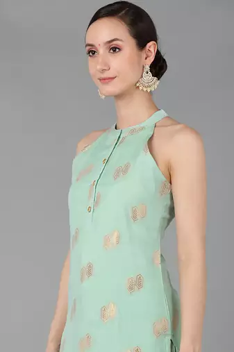 green ethnic motifs poly chanderi fancy kurta with trouser set
