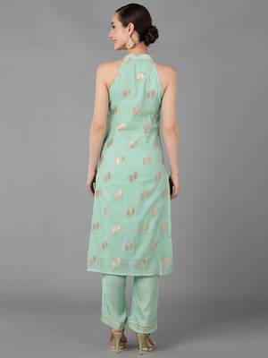 green ethnic motifs poly chanderi fancy kurta with trouser set 3