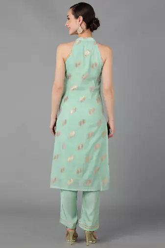 green ethnic motifs poly chanderi fancy kurta with trouser set