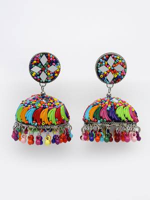 Women multi color artificial beads brass-plated dome shaped jhumka earrings 5