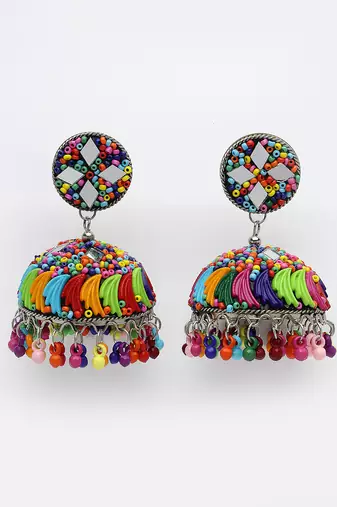 Women multi color artificial beads brass-plated dome shaped jhumka earrings