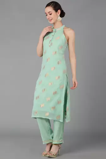 green ethnic motifs poly chanderi fancy kurta with trouser set
