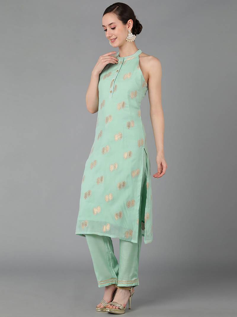 green ethnic motifs poly chanderi fancy kurta with trouser set