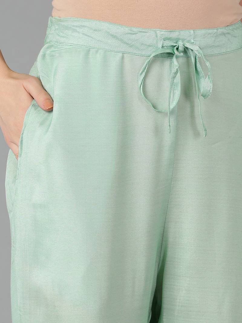 green ethnic motifs poly chanderi fancy kurta with trouser set