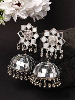 Women silver mirror oxidised brass-plated dome shaped jhumka earrings 1