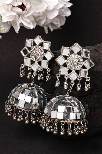 Women silver mirror oxidised brass-plated dome shaped jhumka earrings