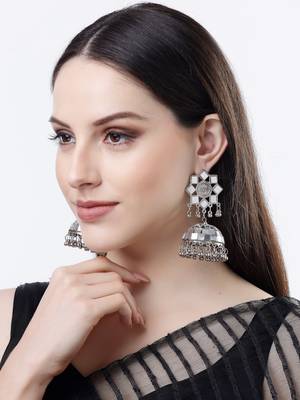 Women silver mirror oxidised brass-plated dome shaped jhumka earrings 2