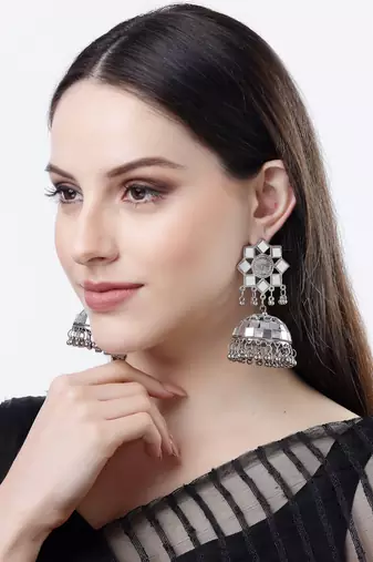 Women silver mirror oxidised brass-plated dome shaped jhumka earrings