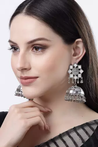 Women silver mirror oxidised brass-plated dome shaped jhumka earrings