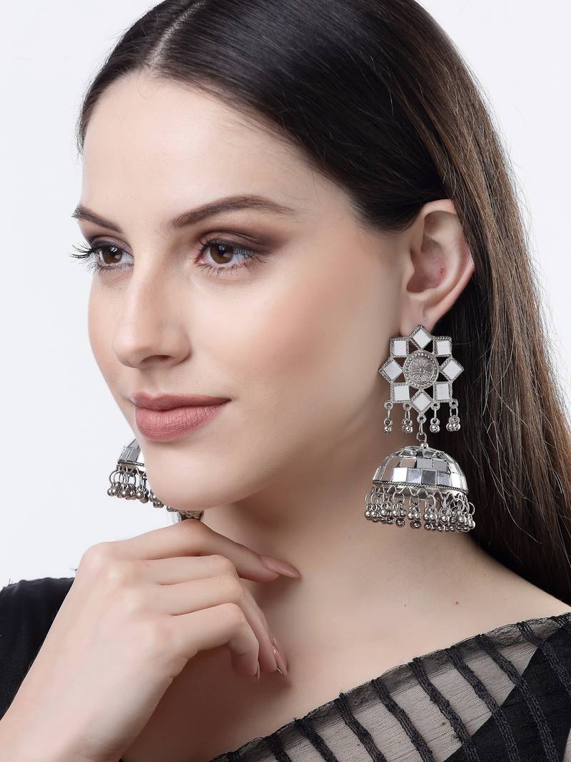 Women silver mirror oxidised brass-plated dome shaped jhumka earrings