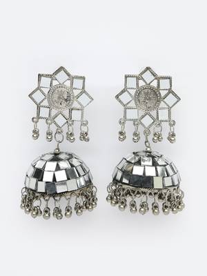 Women silver mirror oxidised brass-plated dome shaped jhumka earrings 4