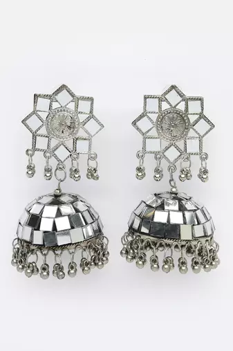 Women silver mirror oxidised brass-plated dome shaped jhumka earrings