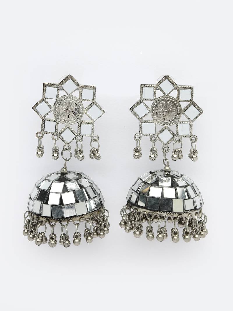 Women silver mirror oxidised brass-plated dome shaped jhumka earrings