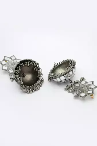 Women silver mirror oxidised brass-plated dome shaped jhumka earrings
