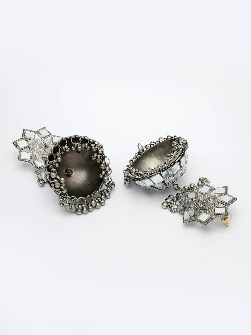 Women silver mirror oxidised brass-plated dome shaped jhumka earrings