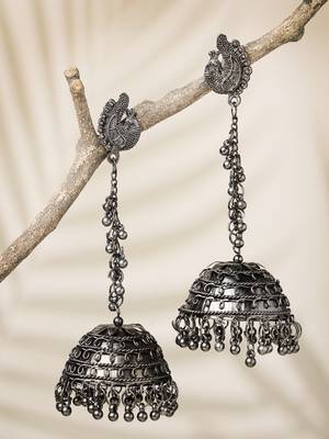 Women black oxidised brass-plated dome shaped jhumka earrings 1