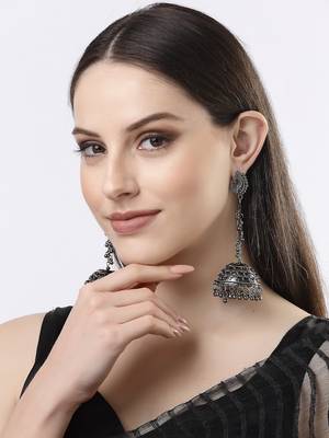Women black oxidised brass-plated dome shaped jhumka earrings 2