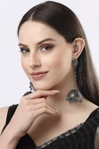 Women black oxidised brass-plated dome shaped jhumka earrings