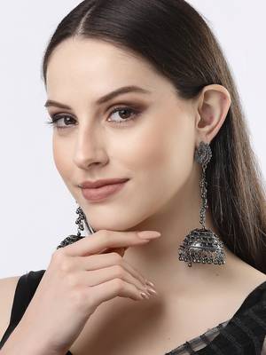 Women black oxidised brass-plated dome shaped jhumka earrings 3