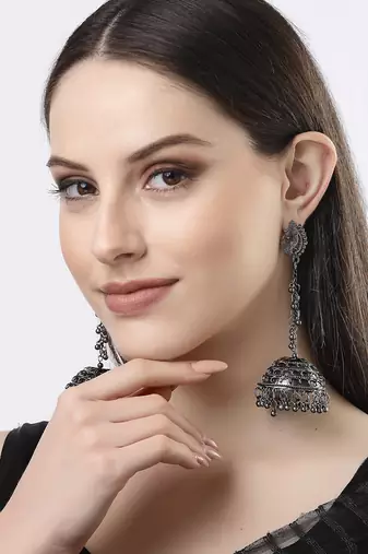 Women black oxidised brass-plated dome shaped jhumka earrings