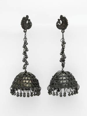 Women black oxidised brass-plated dome shaped jhumka earrings 4