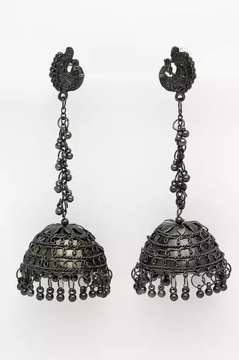 Women black oxidised brass-plated dome shaped jhumka earrings