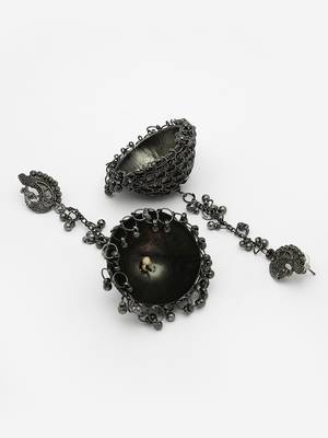 Women black oxidised brass-plated dome shaped jhumka earrings 5