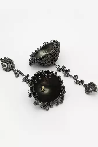 Women black oxidised brass-plated dome shaped jhumka earrings