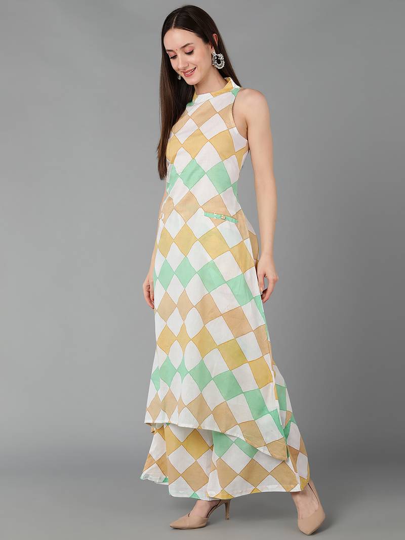 white checked pure cotton fancy kurta with palazzo set