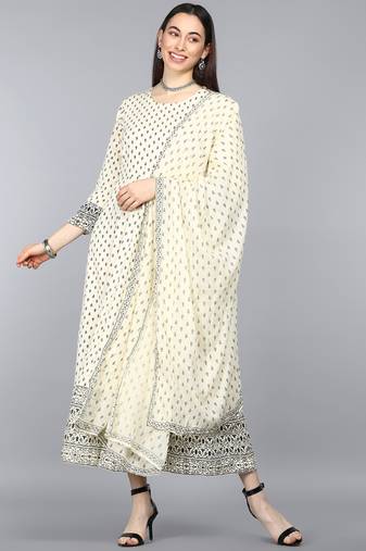 beige ethnic motifs pure cotton fancy kurta with dupatta set