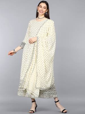 beige ethnic motifs pure cotton fancy kurta with dupatta set 1