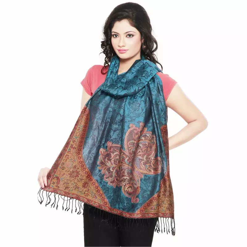 Leafy Floral Jaal Design Green Kashmiri Silk Stole Deepawali Gift 177