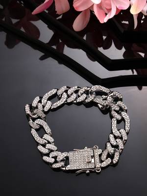 Men silver-plated stainless steel american diamond studded link bracelet 1