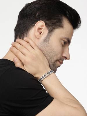 Men silver-plated stainless steel american diamond studded link bracelet 3