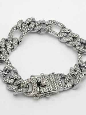 Men silver-plated stainless steel american diamond studded link bracelet 4