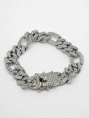 Men silver-plated stainless steel american diamond studded link bracelet 5