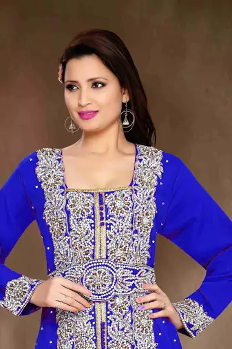 Royal-Blue color Handmade Moroccan Kaftan with hijjab