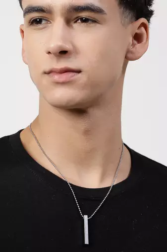 Men's silver rhodium plated bar pendant & chain