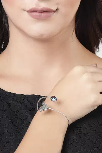 Women oxidised rhodium-plated evil eye kada bracelet