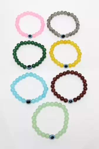 Unisex set of 7 crystals beaded evil eye elasticated bracelet