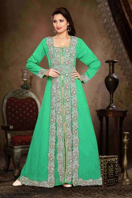 Sea-Green color Handmade Moroccan Kaftan with hijjab 1