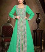 Sea-Green color luxurious Handmade Moroccan Kaftan with hijjab